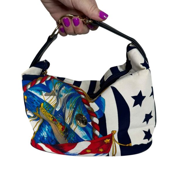 Vintage Aronni Romana Sailing Flag Print Handbag Nautical Florence Italy Navy - Picture 1 of 14